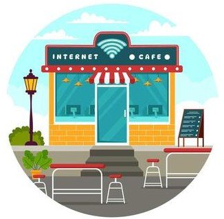 internet-cafe-illustration-with-building-for-young-people-playing-games-workplace-use-a-laptop-talking-and-drinking-in-flat-background-vector